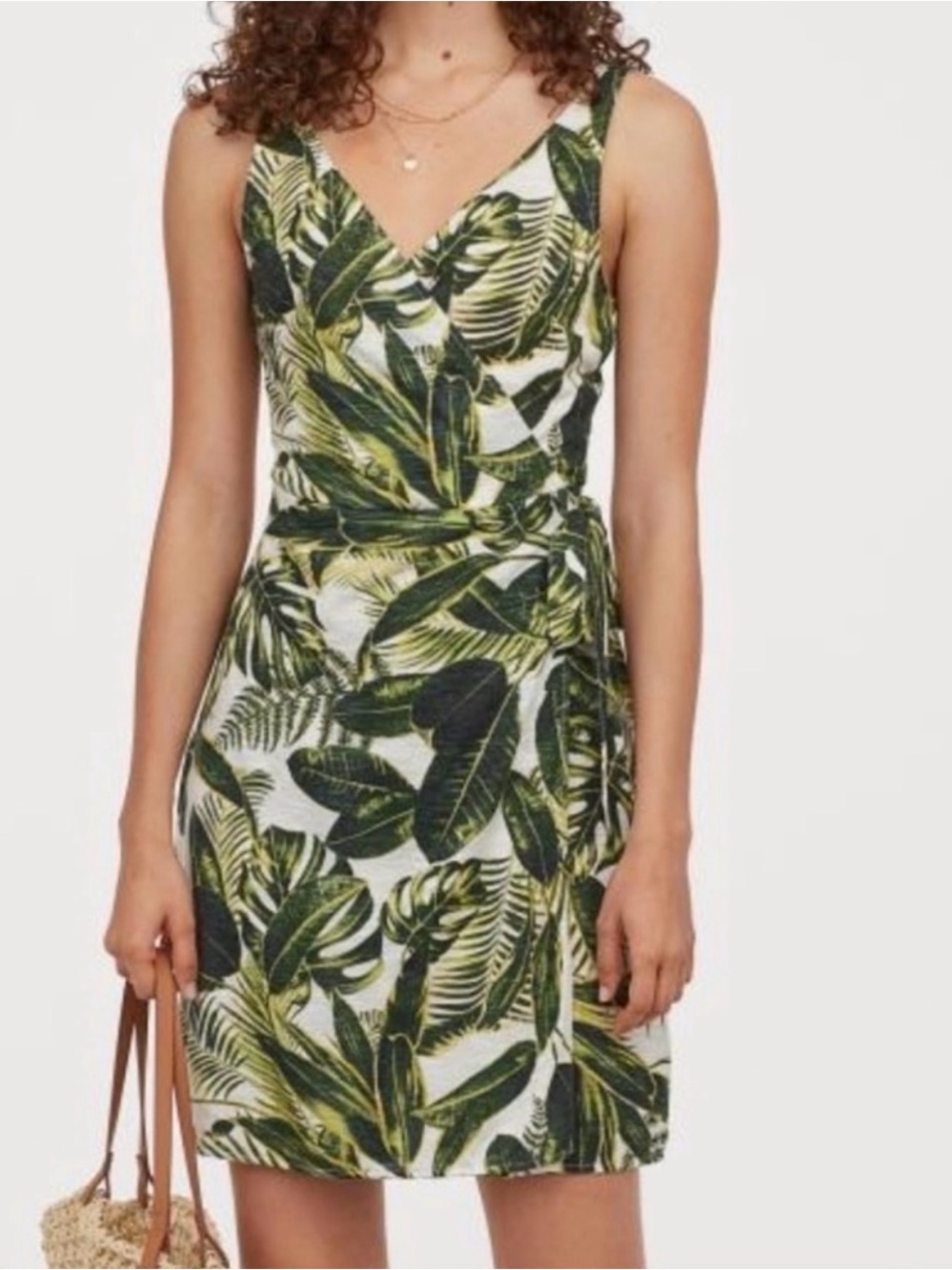 H&M Women’s Small Green Tropical Palm Leaf Wrap Mini Dress